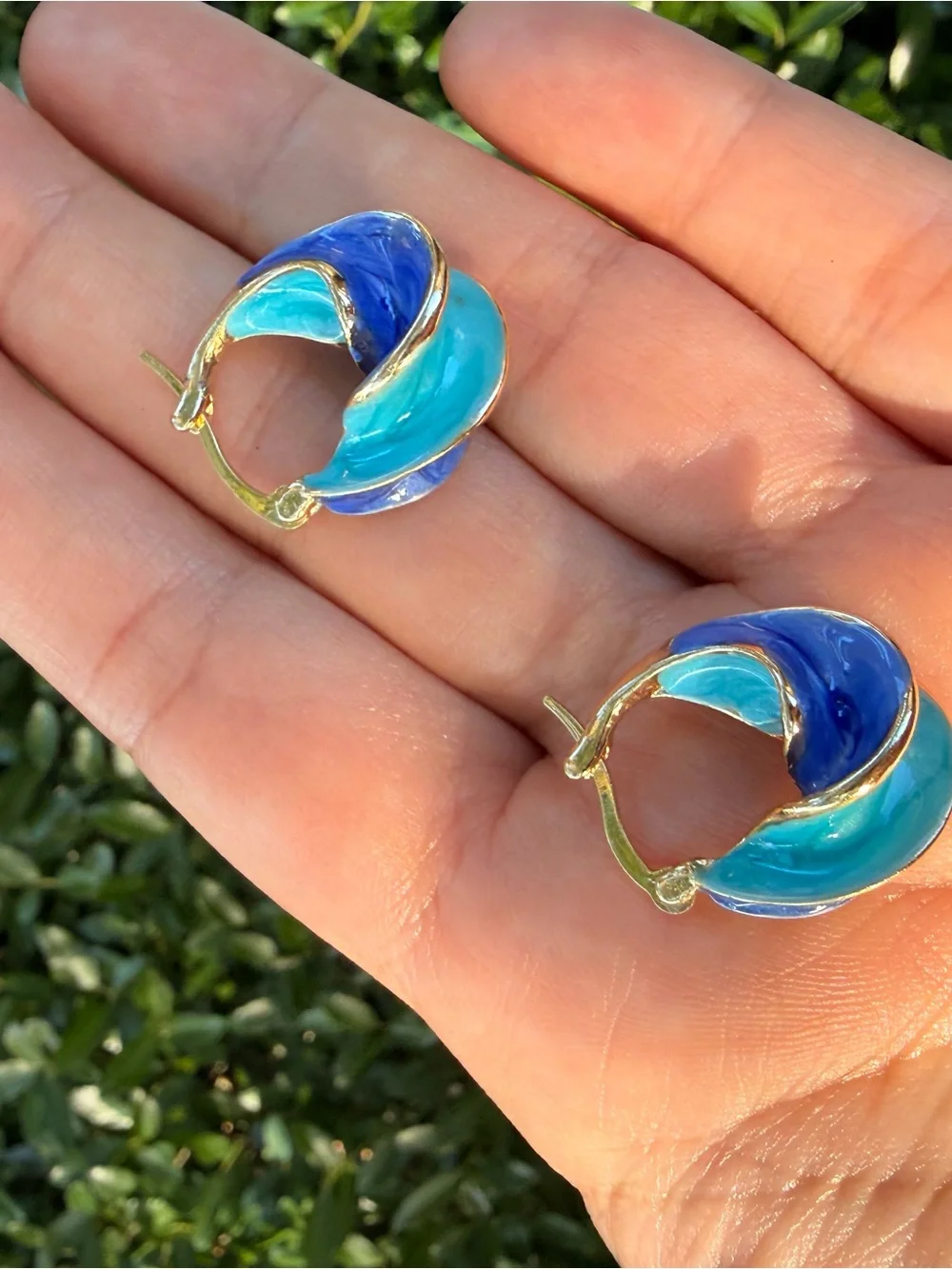 Gold-Tone Hoop Earrings with Blue & Teal Enamel - Picture 6 of 7